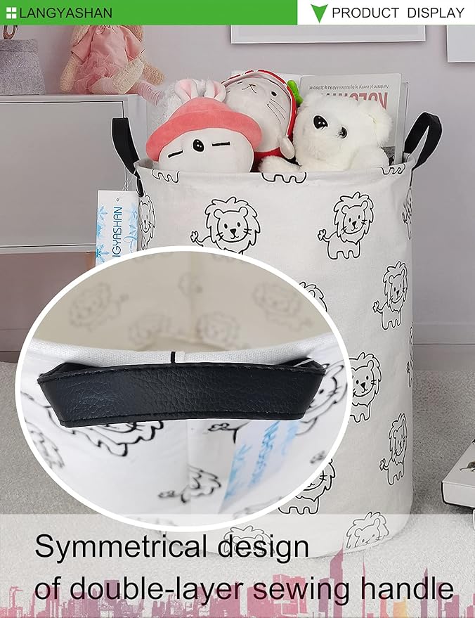 LANGYASHAN Laundry Basket Canvas Fabric Collapsible Organizer Basket for Storage Bin Toy Bins Gift Baskets Bedroom Clothes Children Nursery Hamper (Lion)