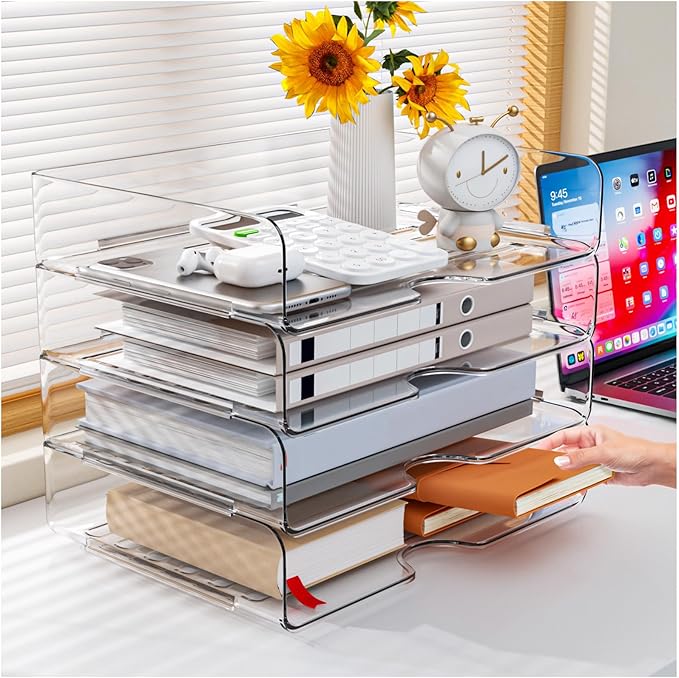 Paper Organizer Letter Tray, 4 Pack Acrylic Stackable Desk File Organizer,Versatile Clear Office Organizer for File Paper, Ipad, Letter, A4 Office File, Books, Notes, Etc