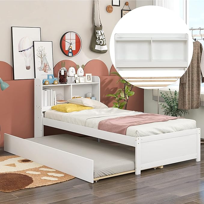 Harper & Bright Designs Twin Bed with Trundle, Twin Bed Frame with Bookcase Headboard, Wood Twin Platform Bed with Pull Out Trundle Bed for Kids Girls Boys,No Box Spring Needed,White