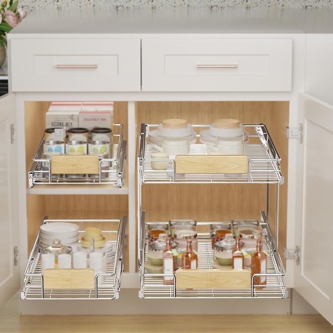 LOVMOR 2 Tier Pull Out Cabinet Organizer 13½" W x 21½" D, Slide Out Drawers with Wooden Handle, Sliding Shelves Organization and Storage for Kitchen, Pantry
