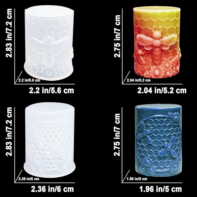 Honeycomb Bee Candle Silicone Molds 2PCS with Flowers Design, White Resin Cylindrical Mould Set, Soap Wax Beeswax Epoxy Casting Clay Mold-Kit, 2 Pack