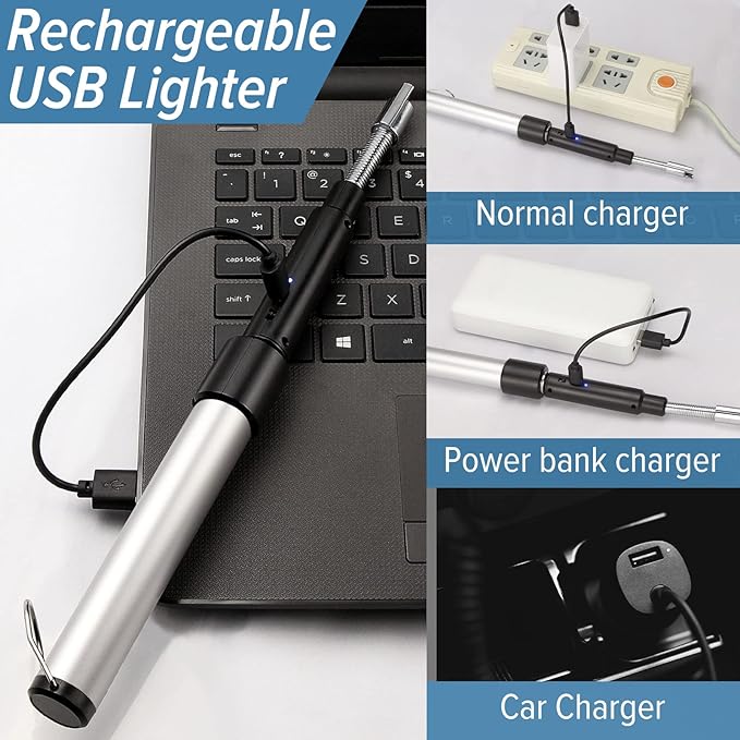 Electric Arc Flexible Neck Long Lighter,Retractable Length 11.4in to 27.55in,Rechargeable Windproof USB Lighter,360° Rotated Ignition Port, Lighters for Candle Fireplace Pilot Light BBQ Grill Silver
