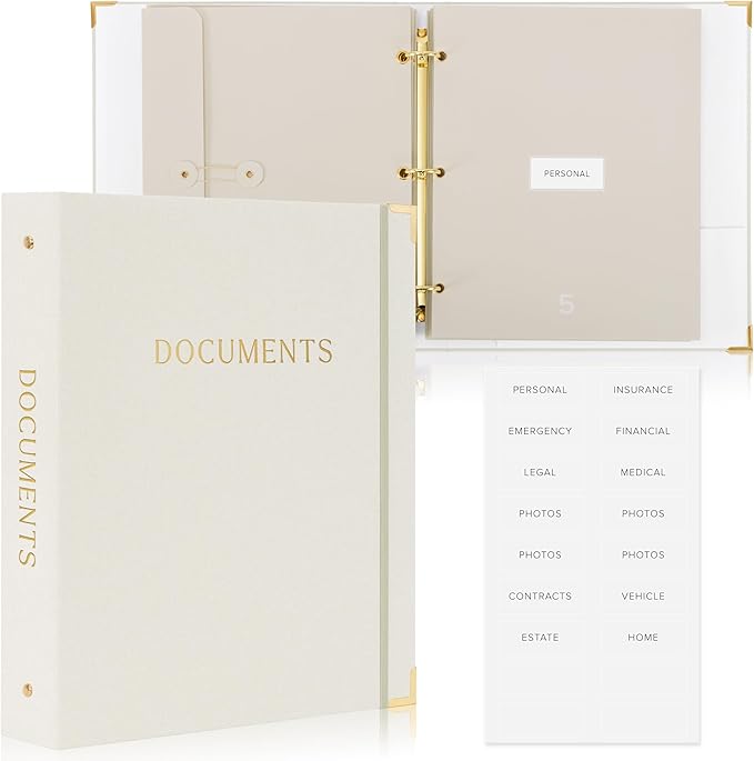 Sturdy Document Organizer Set with Folders - Beautiful Linen 3-Ring Binder Safely Stores All Important Documents & Files in One Place - Easy to Use Expanding Storage Incl. Envelopes, Pockets & Labels