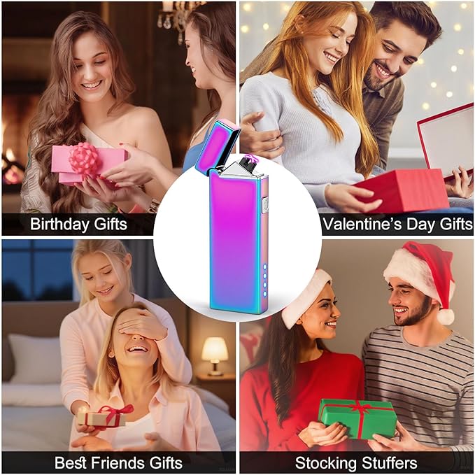 LcFun Electric Lighter USB Rechargeable Windproof Flameless Plasma Dual Arc Lighter, Cute Metal Pocket Lighters for Candle, Small Valentines Birthday Gifts for Women Friends Wife (Multichrome)