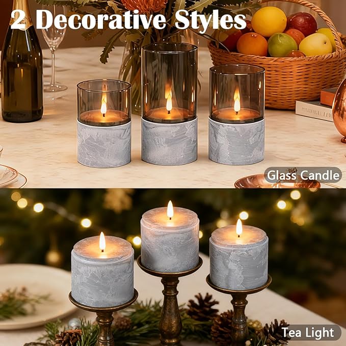 Rechargeable Marble Flameless Candles, Gray Glass LED Pillar Candle with Remote & Timer,Decorative Candles for Living Room, Bedroom, Holiday Décor & Gifts for Women,Set of 3
