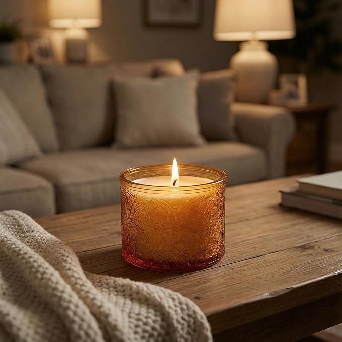 10 oz Embossed Glass Candle Container with Bamboo Lids and Labels,Orange Candle Jars for Making Candles,Mandala Design - Pack of 9