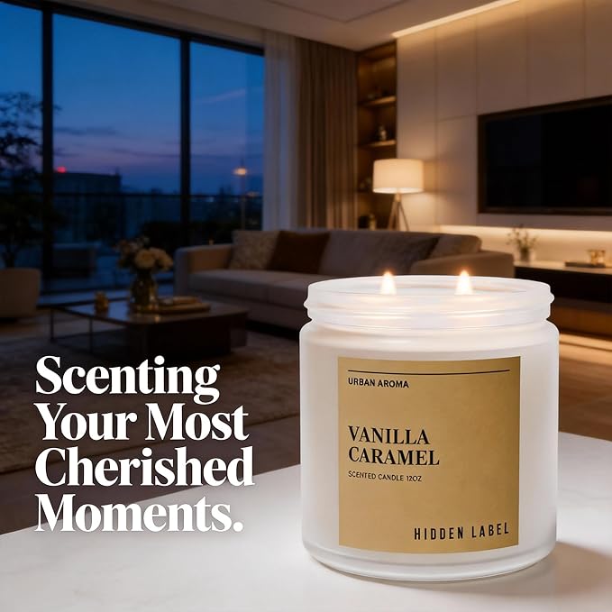 Hidden Label Vanilla Caramel Scented Candle, 12oz Large Soy Wax Candle for Home Scented, 70H Long Lasting 2-Wick Non Toxic Aromatherapy, Sweet & Cozy Home Decor Gift for Relaxation, Stress Relief
