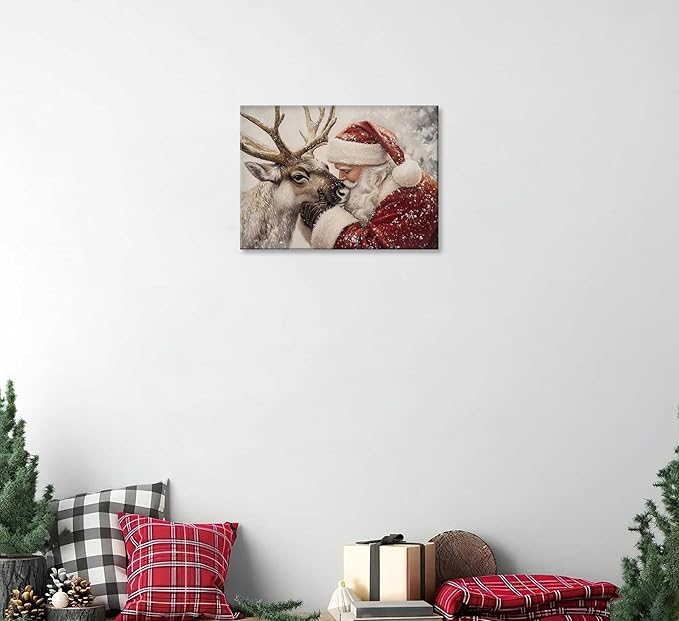 Paint by Number Kit for Adults & Kids, Santa and Reindeer Christmas DIY Painting Kit with Brushes, Paints & Hanging Kit, 16x20 Inch Canvas, Holiday Gift & Home Decor Art Project Framed