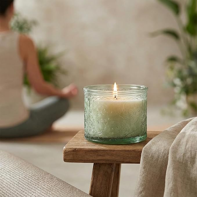 10 oz Embossed Glass Candle Container with Bamboo Lids and Labels,Green Candle Jars for Making Candles,Mandala Design - Pack of 9