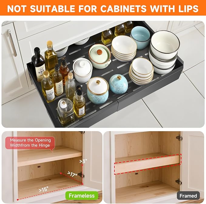 2 Pack Pull out Cabinet Organizer,Adjustable Width (14"-19") and Depth (17"-24"),No Drill Slide out Drawers for Kitchen,Pantry,Adhesive Roll out Shelves,for Cabinets Without Lip