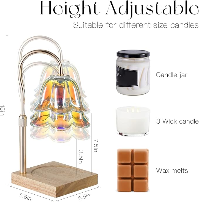 Candeldo Candle Warmer Lamp with Timer: Iridescent Flower Candle Warming Lamp with 2 Bulbs Height Adjustable Wax Warmer Dimmable Home Decor Mom Birthday Gift for Women