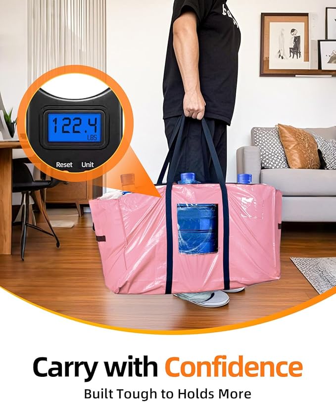 Extra Large Moving Bags, 4 Pack Heavy Duty Storage Bags Boxes Bins Totes with Hnadles Zippers Visible Window for Clothes College Dorm Travel, Pink