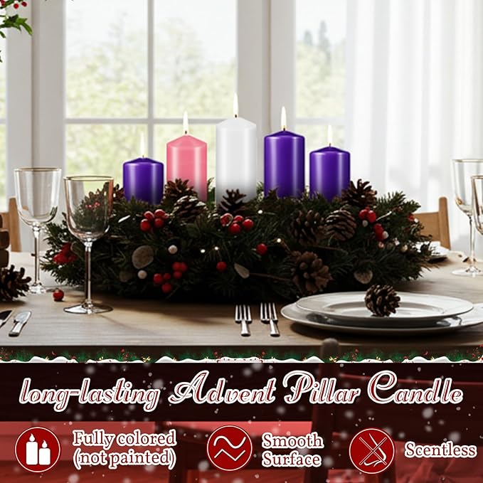 Amylove 10 Pcs 3 x 8 Inch Advent Pillar Candles Set Pink Purple Christmas Unscented Lasting Burning Church Candles for Advent Wreath Holiday Gifting