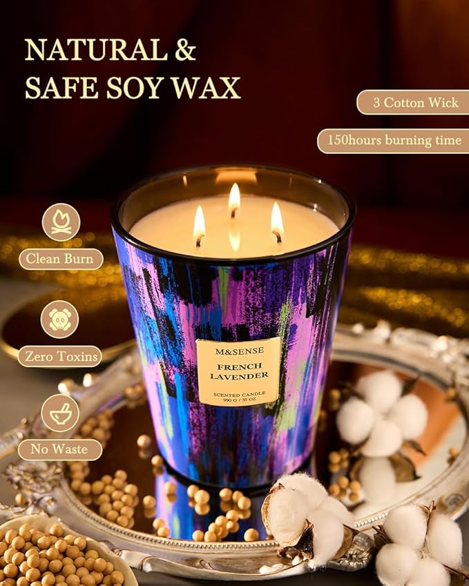 M&SENSE Wild Lavender Scented Candle, 150 Hours Long Lasting 35oz Large Jar Candle, Natural Soy Wax Non-Toxic, Aromatherapy Sleeping Yoga Self-Care Decor, Spring Housewarming Gifts for Women Men