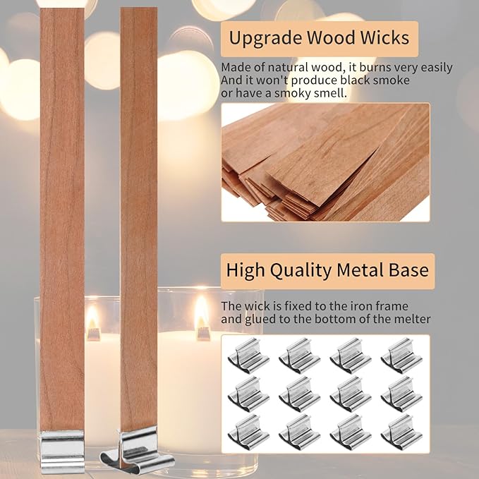 140 Pcs Wooden Candle Wicks Kit, Includes 50 Wood Wicks (5.1 x 0.5in), 50 Iron Stands and 50 Wick Stickers, Naturally Smokeless Candle Cores for DIY Candle Making