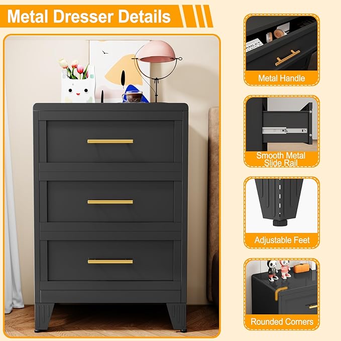 Ckzbx Metal Dresser Narrow Dresser for Bedroom Chest, 35.43" H Drawer Chest, Closet Dressers & Chests of Drawers for Living Room, Hallway (3 Drawers Black 24inch Wide)