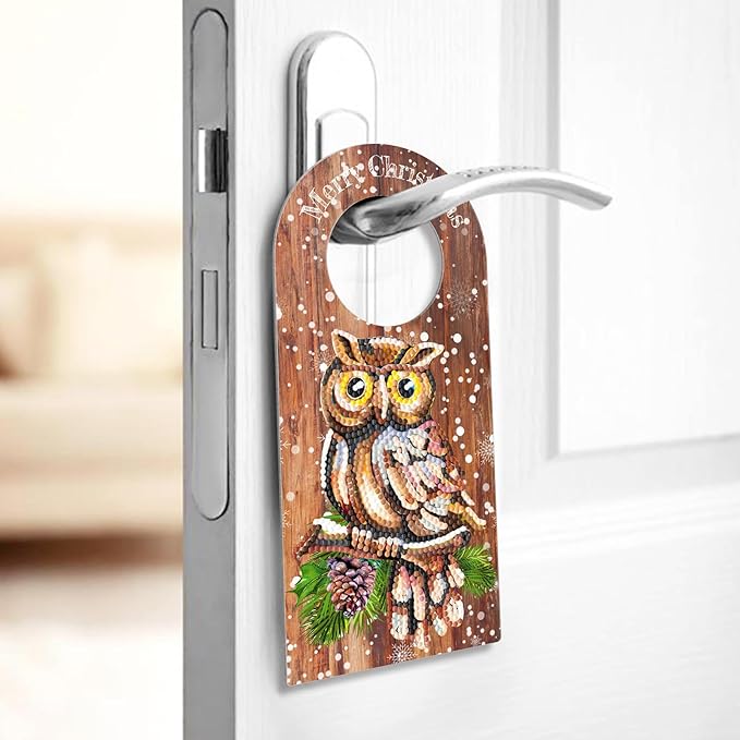 Owl Diamond Art Painting Christmas Door Knob Hanger Signs DIY Kits 5D Diamond Art Wood Christmas Door Handle Hanging Ornaments Special Shaped Rhinestones Paint by Number Stitch Room Front Door Decor