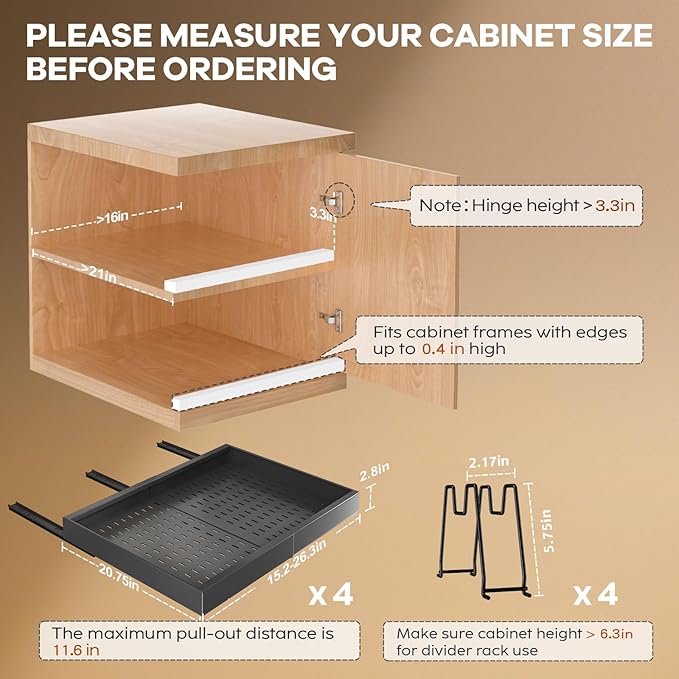 Seinloes 4 Pack Pull out Cabinet Organizer 21" Deep With Raising Pad for Framed Cabinets,Expandable (15.2"-26.3"W) Slide out Drawers for Kitchen Cabinets with 4pcs Divider Racks,Roll out Shelves,Black