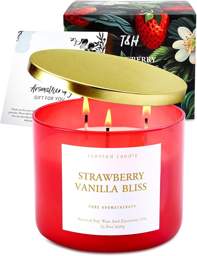 Strawberry Vanilla Bliss 3-Wick Soy Scented Candle 15.8 oz | Large Berry Vanilla Candle for Home | Relaxing Aromatherapy Stress Relief Candle | Long-Lasting, Clean Burning Candles Gift for Women & Men