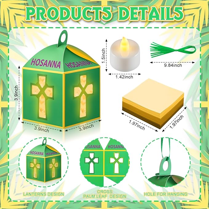 Simgoing 12 Sets Palm Sunday Crafts with LED Candles Easter Religious Palm Leaf Cross Tissue Paper Lanterns Craft Kits Sunday School Religious Holy Week Hanging for Easter Party Activities