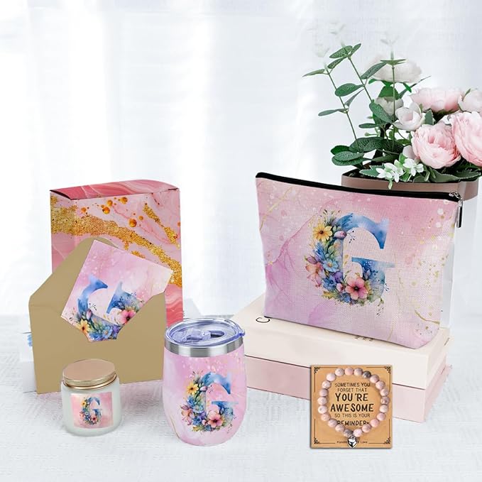 Personalized Gifts Monogrammed Birthday Gifts for Women, Her Employee Housewarming Christmas Initial Wine Tumbler Makeup Bag Scented Candle Bracelet Set, (Aesthetic Pink Flower G)