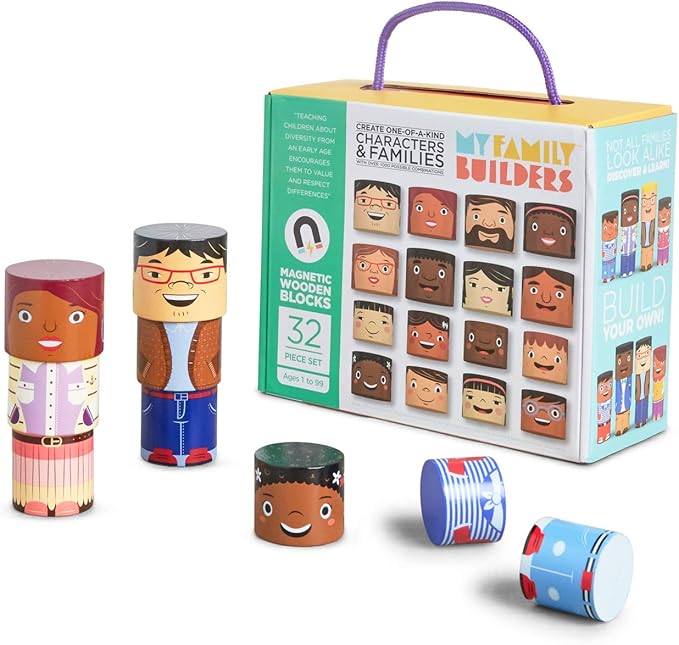 32-Piece Multiracial Magnetic Family Play Set – Wooden Diversity Building Blocks for Kids – Multicultural Puzzles & SEL Toy for Toddlers & Children