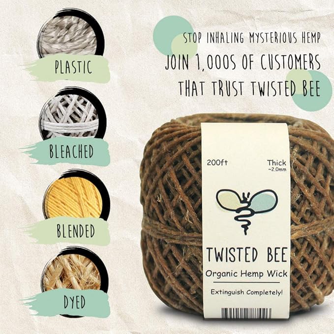 100% Organic Hemp Wick with Natural Beeswax Coating, Twisted Bee (200ft x Thick Diameter)