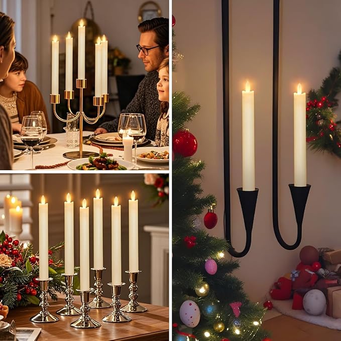 Battery Operated Flameless Ivory Taper Candles Flickering–Set of 6, Realistic 3D Wick Flickering LED Taper Candle Set,USB-Rechargeable, Remote & Timer, Ideal for Living Room, Bedroom & Easter Décor
