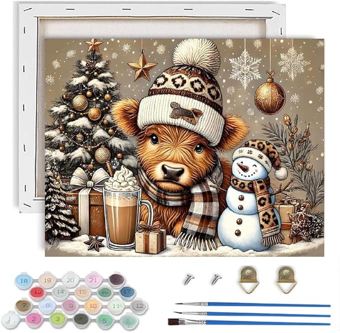 TCDZMYGS Christmas Paint by Numbers Kit for Adults Beginner,Highland Cow Paint by Number Kits with Frame,DIY Acrylic Oil Painting by Numbers for Home Wall Decor 9.5 x 11.8 inch