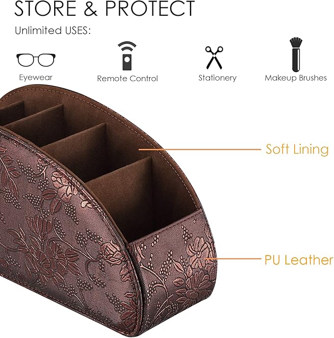 SITHON Remote Control Holder with 5 Compartments - PU Leather Remote Caddy Desktop Organizer Store TV, DVD, Blu-Ray, Media Player, Heater Controllers, Antique