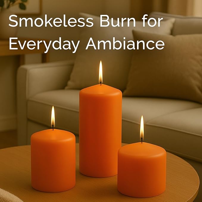 Stonebriar Unscented Pillar Candles – 35 Hour Burn Time, Long-Lasting Wax Candles for Weddings, Holidays, Home Décor & Special Events, Pack of 6, Orange, 3" x 4"