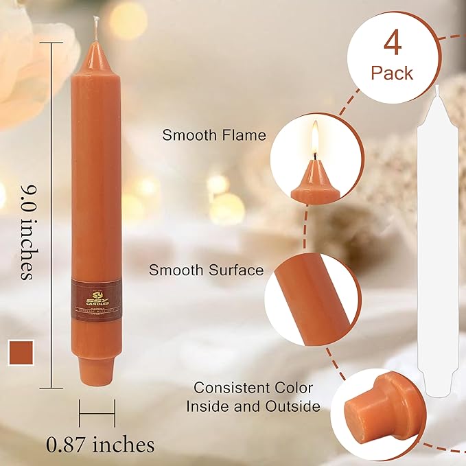 4 Pack Handmade Pumpkin Taper Candles Sticks Unscented 9 inch Tapered Candle Ideal as Dinner Smokeless Long Burning Candlesticks for Halloween Thanksgiving Dinner Autumn Wedding Home Decor Candles