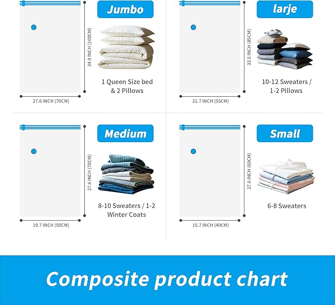 Vacuum Compression Storage Bags Set with Manual Pump Labels and Pen Travel Vacuum Bags for Luggage Space Saver Vacuum Storage Bags 16 Pack Includes Small Medium Large Jumbo Sizes