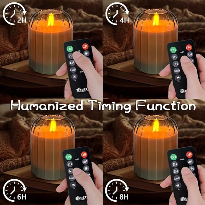 Rechargeable Flameless Candle, Flashing LED Pillar Real Wax Candle with Remote Control and Timer, Green Pumpkin Glass Electronic Candles for Room Decoration, 1 Set of 3