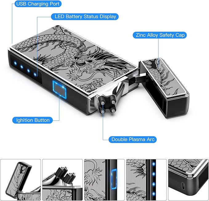 Electric Lighter, USB Rechargeable Plasma Arc Windproof Flameless Electronic Butane Free Mini Lighter for Candles, Fireworks, Outdoor Camping Activities (Black Dragon)