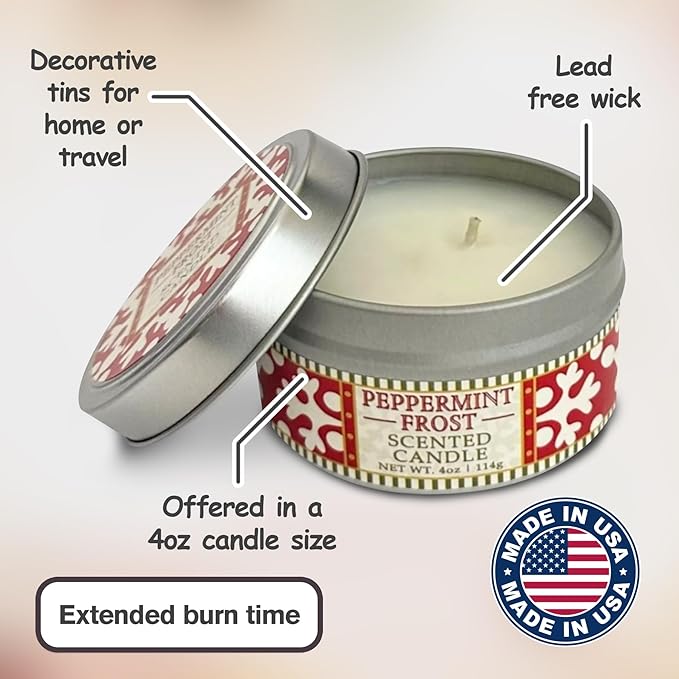 Greenwich Bay Hand-Poured Scented Candle in Decorative Tin – 4 oz/114 g Travel Candle with Lead-Free Wick, Vegetable Wax, Long-Burning Aromatherapy Gift, Single Wick – Made in USA (Peppermint Frost)