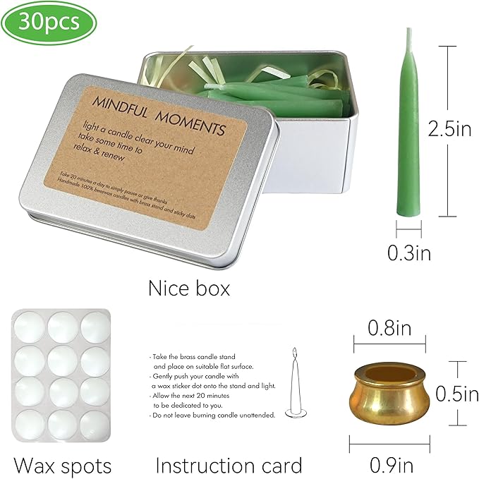 Mini Taper Candle Meditation Candles,20 Minute Prayer Green Candlestick Dripless Beeswax Candles with Brass Candle Holder for Yoga & Spiritual Ritual,30P-Gr