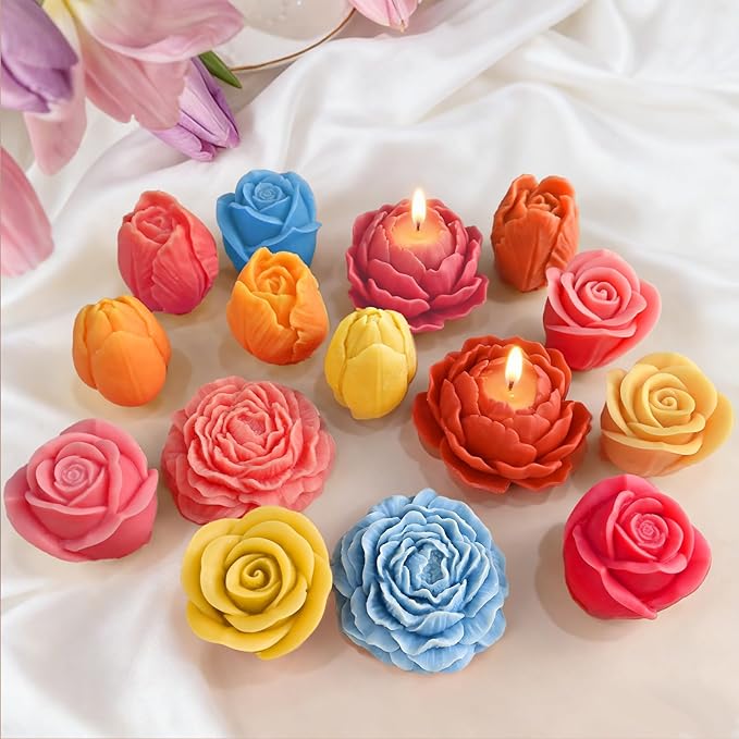 6 Pcs Flower Candle Molds, Different Flowering Peony/Rose/Tulips 3D Flower Silicone Molds for Candle Making, Handmade Soap, Epoxy Resin Casting Floral Home Decor, Wedding/Valentine/Mom Gifts