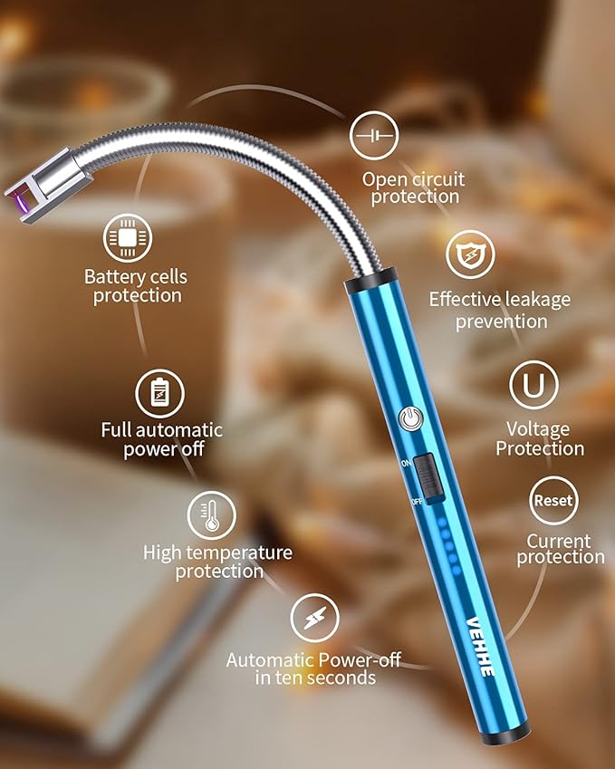 VEHHE Rechargable Lighter, Electric USB with LED Battery Display Safety Switch Longer Flexible Neck Arc Candle Lighter for Camping Cooking BBQs