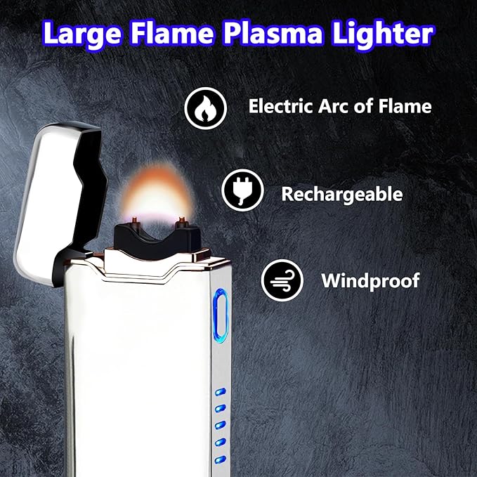 YOZWOO Rechargeable USB Electric Lighter High Power Flame Arc Lighters Plasma Lighters Windproof Camping Lighter with Long Battery Life for Home and Outdoor (Silver)