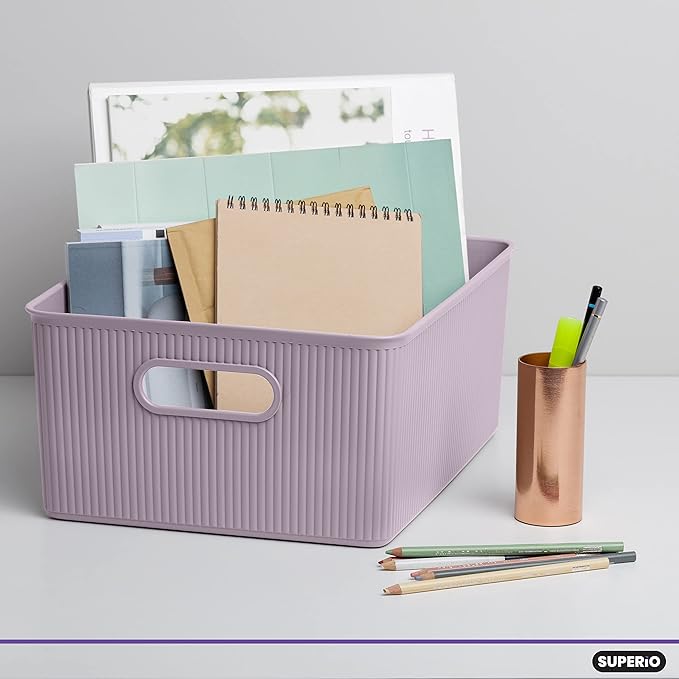 Superio Ribbed Collection - Decorative Plastic Basket Open Home Storage Bins Organizer, Large Lilac Purple (4 Pack) Container Boxes for Organizing Closet Storage Bins for Shelves 15 Liter/16 Quart