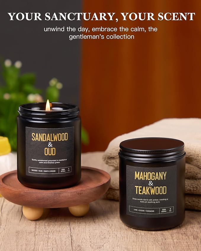 Crackling Wood Wick Candles for Men: 4 Pack 36oz Soy Scented Candles for Home Scented, Up to 200H Burning, Masculine Mens Candle Set, Aromatherapy Candle Gift Set for Fathers Birthday Valentine's Day