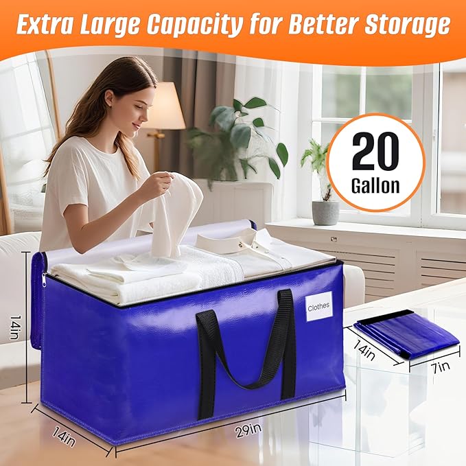 FabSpace 8-Pack Moving Bags with Backpack Straps & Carry Handles, 20 Gallons-76 L Heavy Duty Storage Totes for Space Saving, Foldable Storage Bags for College Dorm, Travel, Camping (Blue)