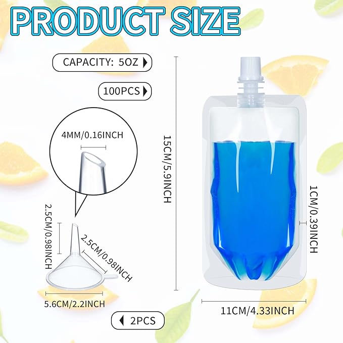 100 Pcs Plastic Pouches Bulk Clear Juice Bags Squeeze Pouches Plastic Leak Proof Bags with Funnel for Party Favors (5 oz)