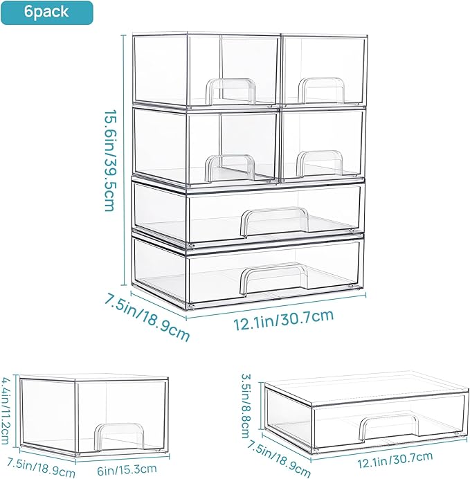 Vtopmart Stackable Storage Drawers Set of 6, Clear Plastic Organizer Bins for Bathroom Supplies, Ideal for Cabinet,Shelf, Pantry, Laundry Room Organization