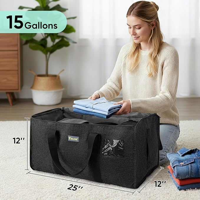 BALEINE Extra Large Storage Tote with Zippers & Carrying Handles, Heavy-Duty Oxford Fabric Moving Bags for Laundry, Space Saving, Storage, Charcoal Black, 1-Pack