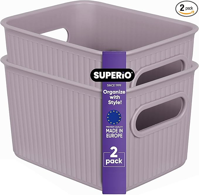 Superio Ribbed Collection - Decorative Plastic Basket Open Home Storage Bins Organizer, Small Lilac Purple (2 Pack) Container Boxes for Organizing Closet Storage Bins for Shelves 1.5 Liter