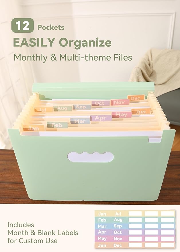 SortRax Accordion File Organizer 12 Pockets, Monthly Bill Receipt Tax Organizer, Expanding File Folders with Larger Bright Tabs, Fits Letter/A4 Size - Green