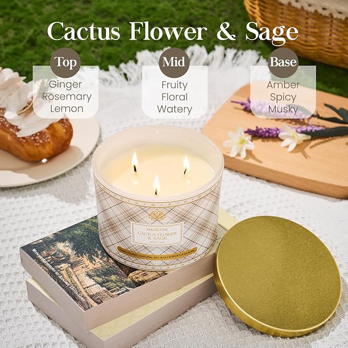 M&SENSE Plaid Pattern 3 Wick Soy Candles,11.64 oz Large Cactus Flower&Sage Scent Candle for Relaxation, Gifting, Home Décor | for Bedroom, Office, Party