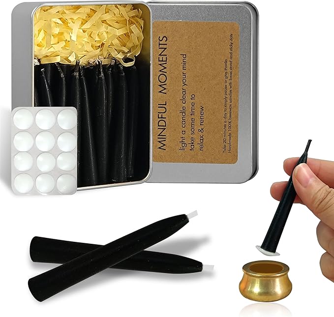 Dripless Taper Candle Meditation Candles,Black 20 Minute Mini Prayer Candlestick Pure Beeswax Candles with Brass Candle Holder for Yoga & Spiritual Rituals,30-BLA